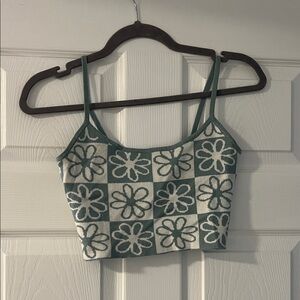 PacSun Floral Checkered Crop Top - Green and White